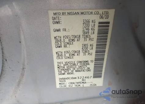 2010 Nissan Titan Se из США, поврежденный, VIN 1N6BA0EJ0AN322467